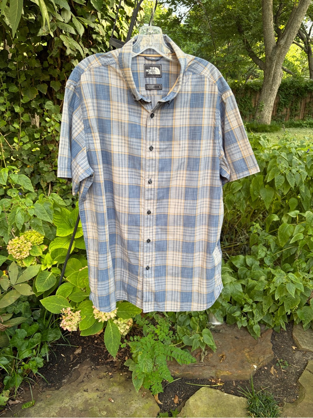 The North Face Men's Blue and Tan Plaid Button-Down Shirt